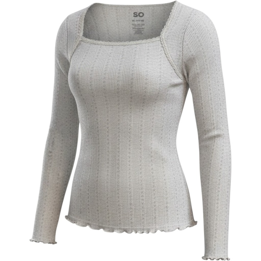 SO Girls XL 14/16 Oatmeal Pointelle Ribbed Long Sleeve Lace Trim Square Neck Top